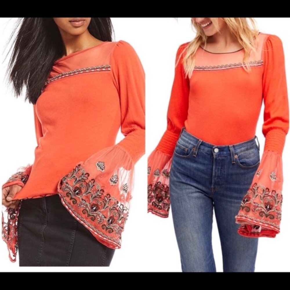 Free People Bell Sleeve Embroidered Top